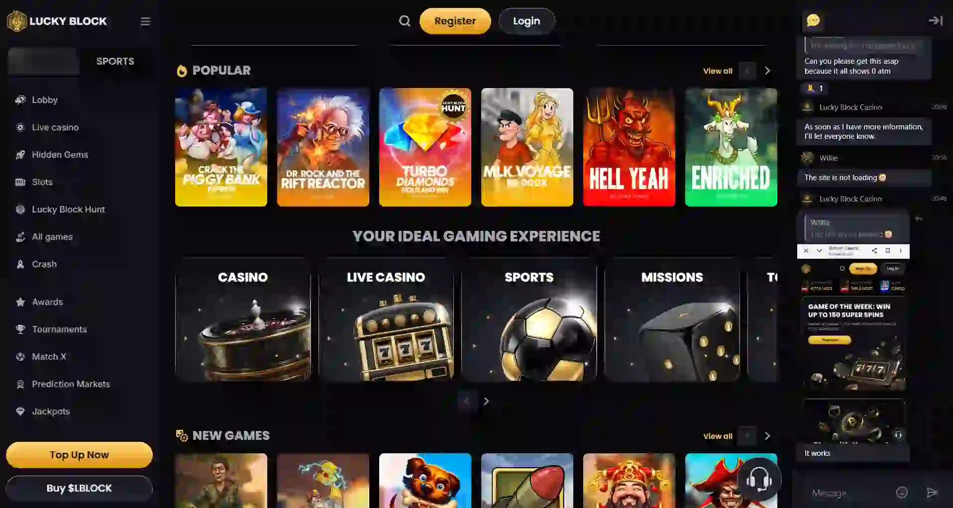 Lucky Block casino lobby showing the site navigation and game categories